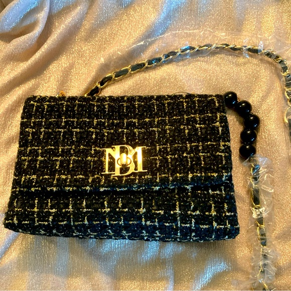 🎁NWT Badgley Mischka Black/Gold Tweed Crossbody Purse Bag Vegan Leather - Picture 1 of 8
